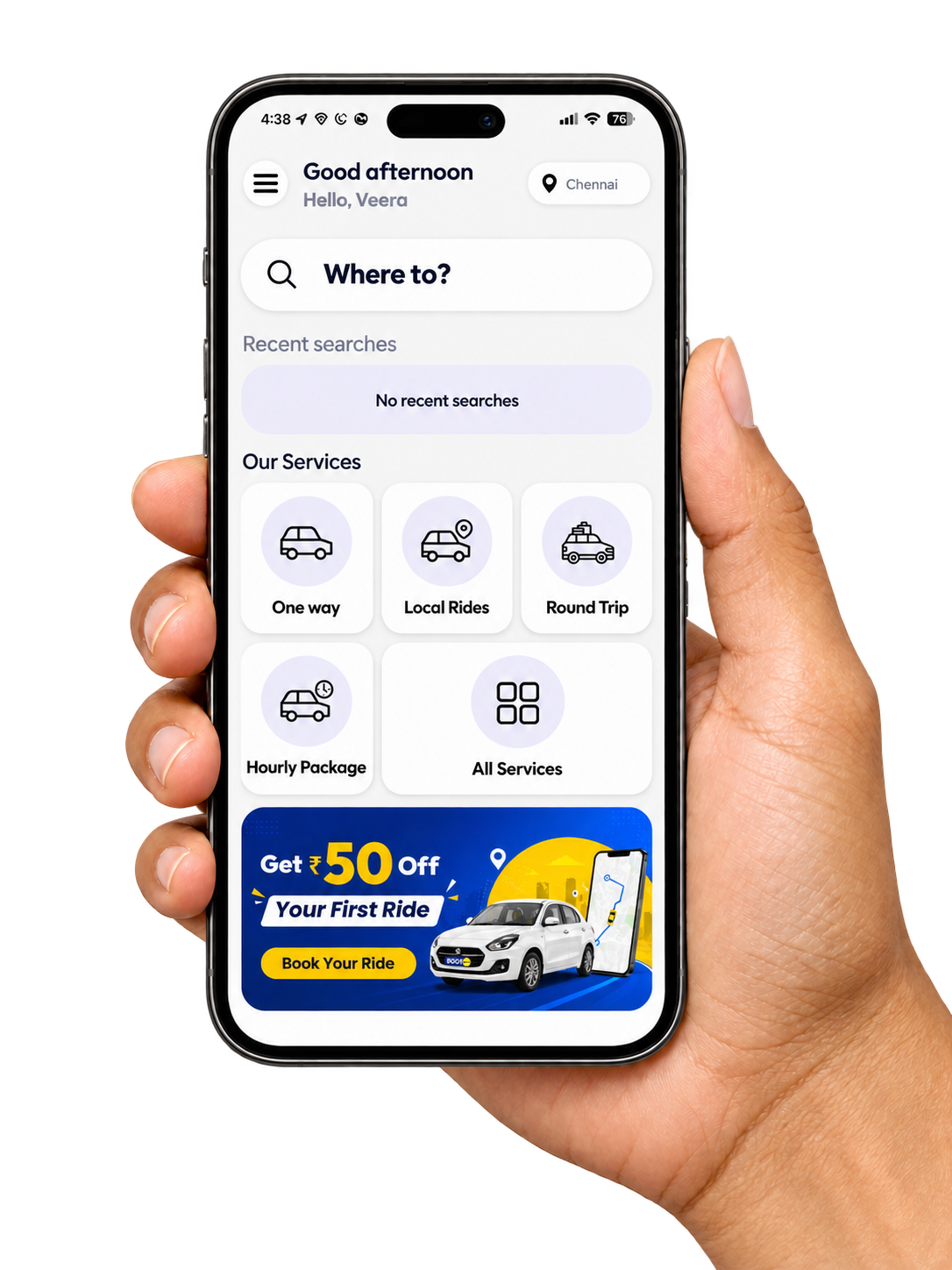 Root Cabs app shown on a mobile phone